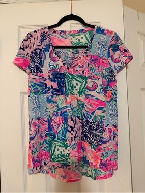 Vibrant Patchwork Print V-Neck Top - Pink Multi